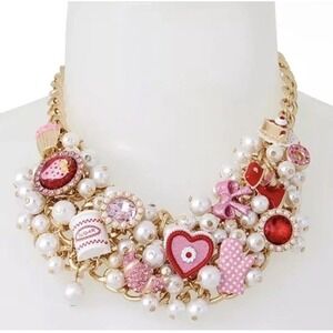 Betsey Johnson Sweets Baking Bib Necklace Statement Piece Gold Pink Tone NWT